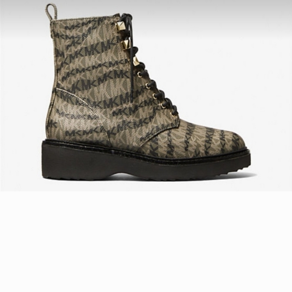 Michael Kors Monogram Black and Tan Combat Boots